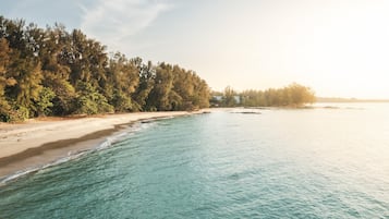 Una playa con agua turquesa cristalina, orilla arenosa y un bosque frondoso a la izquierda.