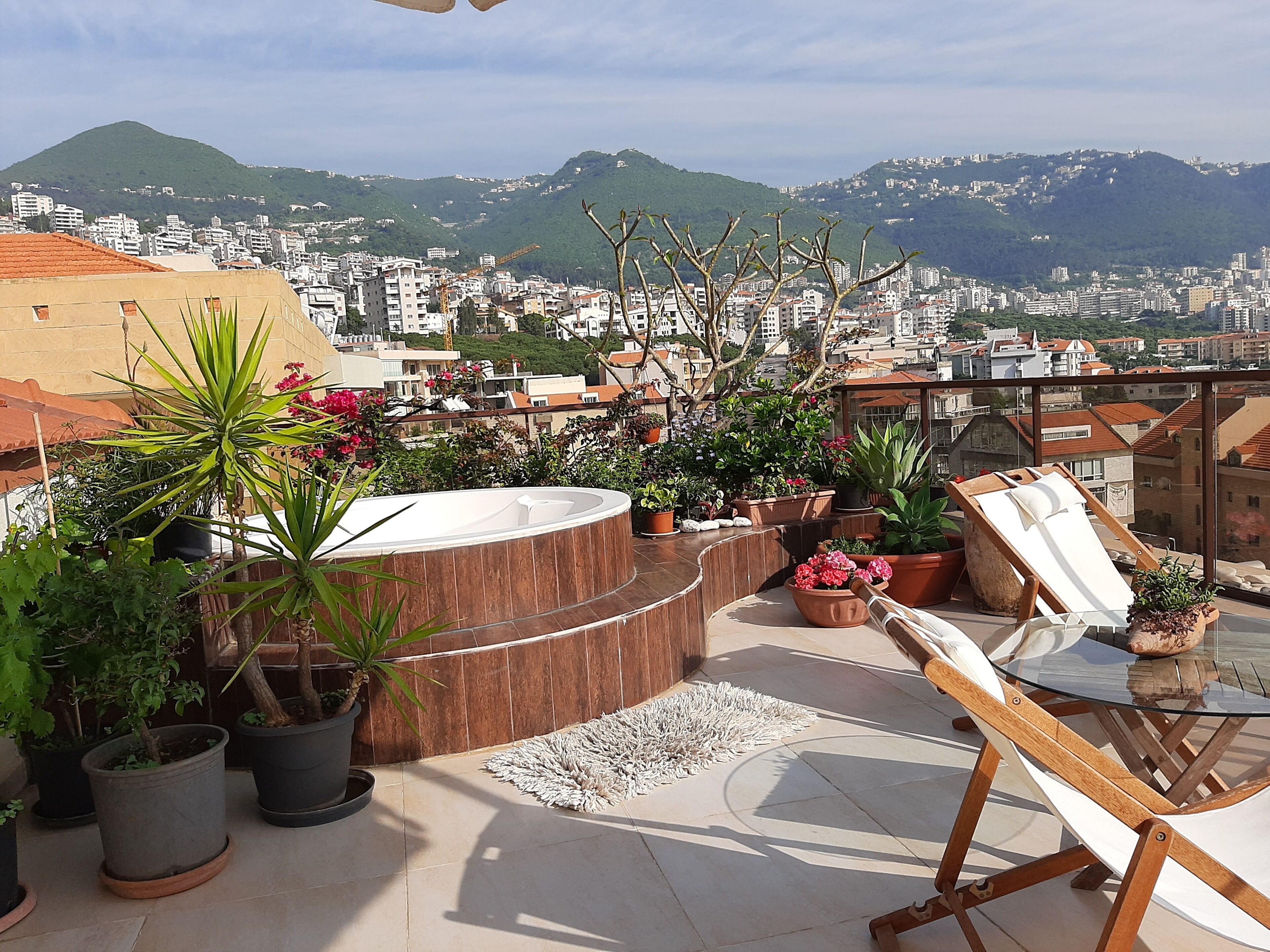 Terraço no telhado com plantas em vasos, uma banheira de hidromassagem e uma mesa com cadeiras.