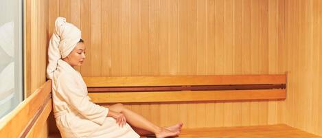 A wooden sauna with benches and a person sitting on one.