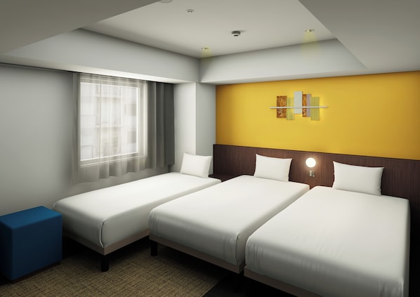 A hotel room with two single beds, a small blue ottoman, a large window with sheer curtains, and a yellow accent wall with artwork. - Ibis Styles Kyoto Shijo (Kyoto)