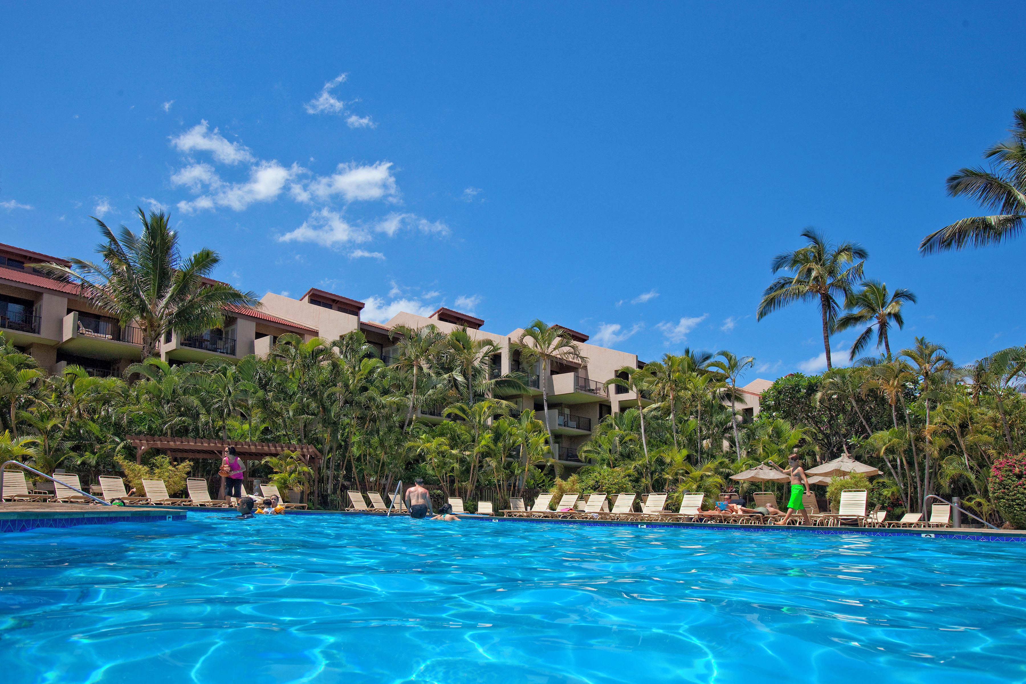 A swimming pool with lounge chairs and palm trees, surrounded by hotel buildings.