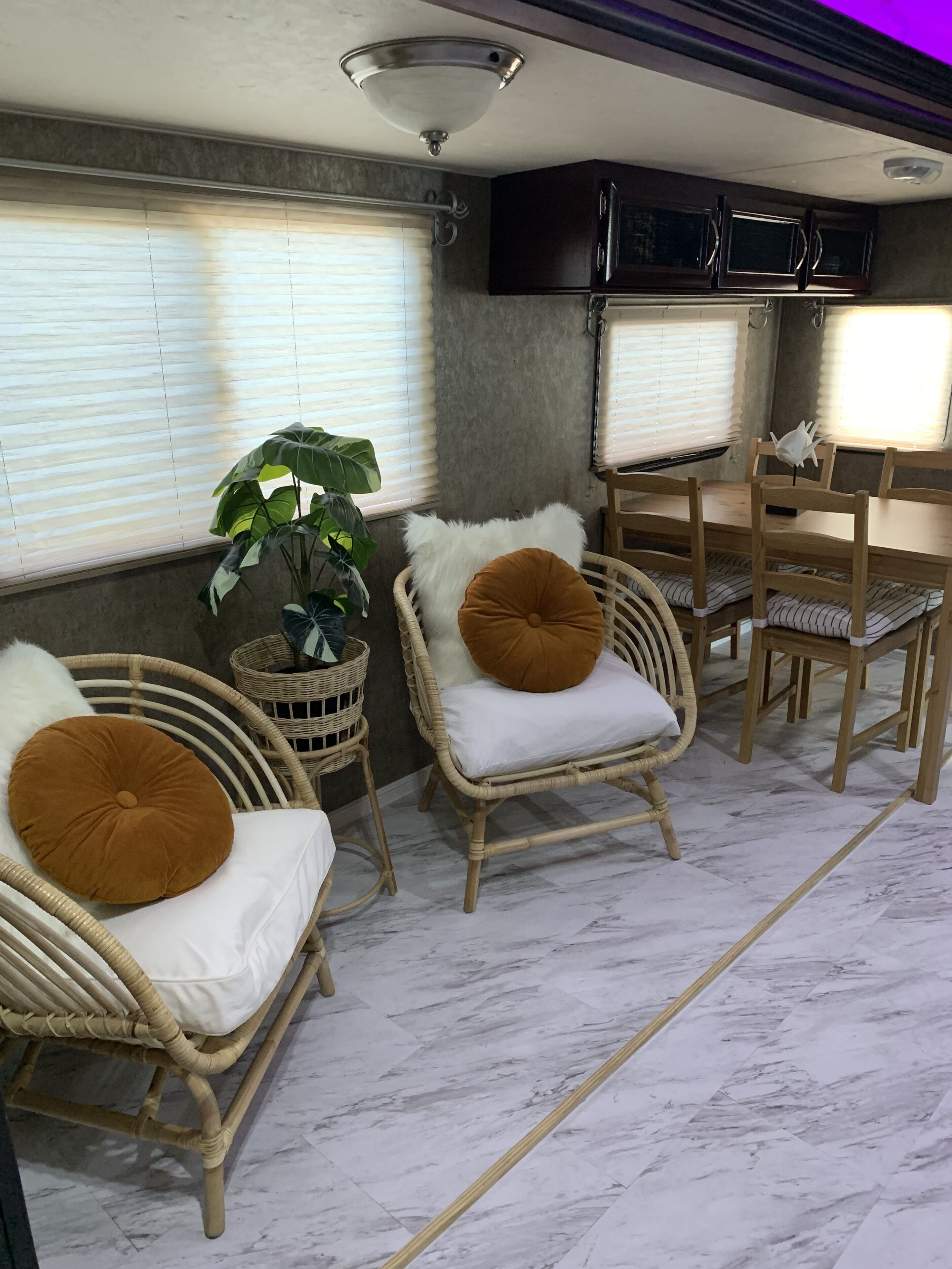 Ein Zimmer mit Korbstühlen, einem Esstisch und einer Topfpflanze.