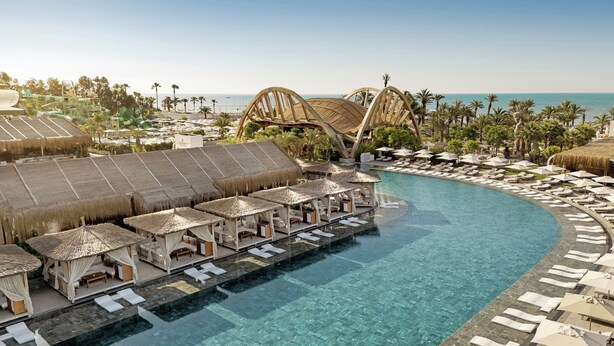 A resort with a large infinity pool, thatched-roof cabanas, and a palm tree-lined beach. - Cullinan Belek - All inclusive (Serik)
