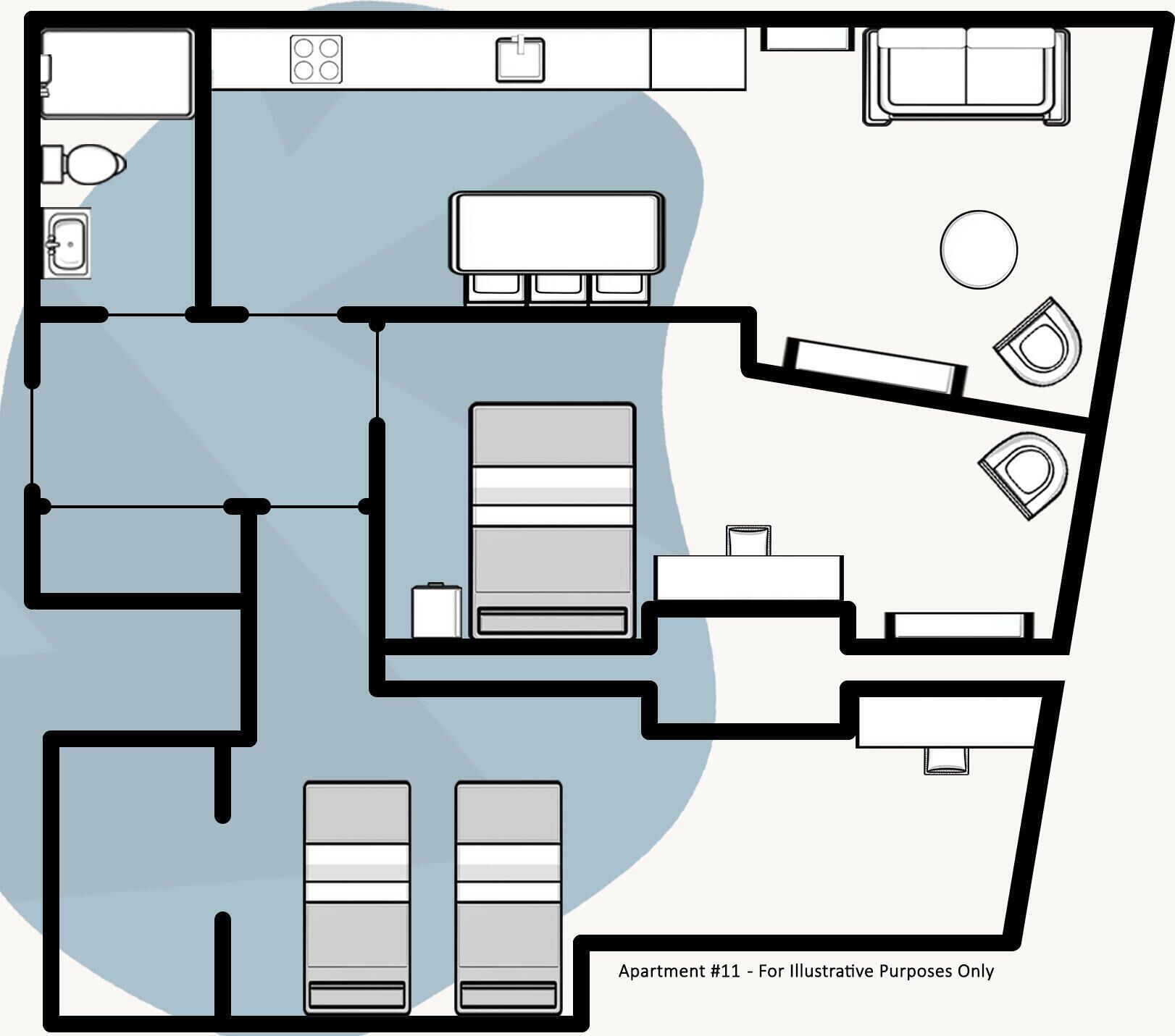 Un plan d’étage d’un appartement comprenant un salon, une cuisine, deux chambres et une salle de bain.