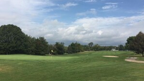 Un terrain de golf avec un drapeau, des arbres et un bâtiment en arrière-plan.