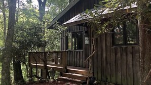 Una cabaña de madera rústica con porche, rodeada de un bosque denso.