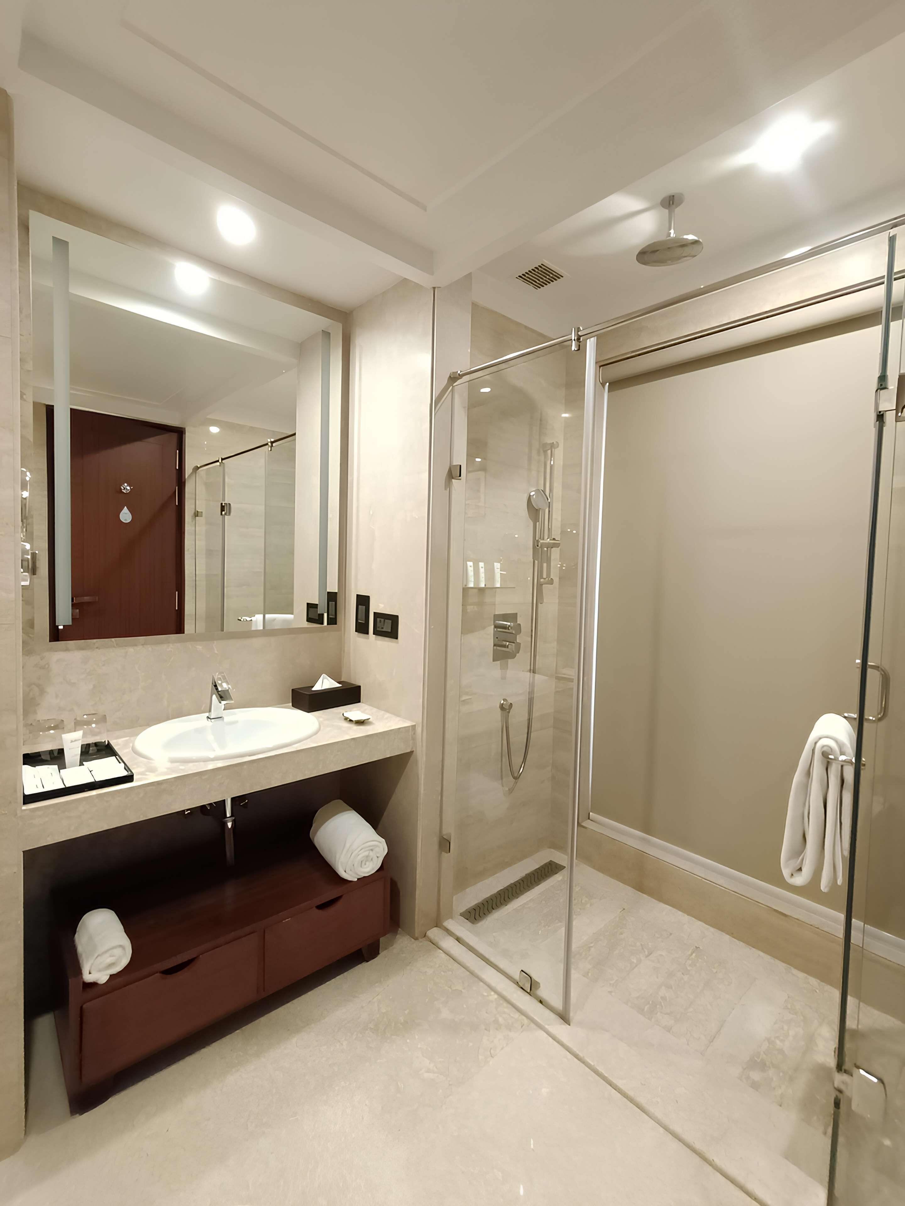 Une salle de bain moderne dotée d’une douche à parois de verre, d’un grand miroir et d’un meuble-lavabo avec un évier et un porte-serviettes.
