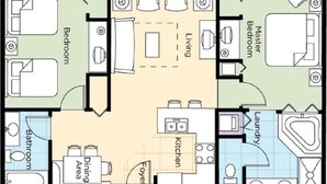 A floor plan with a master bedroom, two bedrooms, a living area, a kitchen, a dining area, a bathroom, and a laundry room. - Wyndham Grand Desert Condo 2Bdr, sleep 6-8 (3 night stay required) No resort fee (Las Vegas)