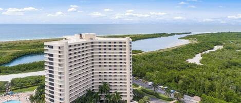 A high-rise hotel with multiple floors, a swimming pool, and a view of the ocean and a mangrove-lined beach.