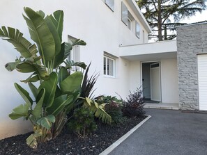 A modern two-story house with a stone facade, a driveway, and a variety of tropical plants.