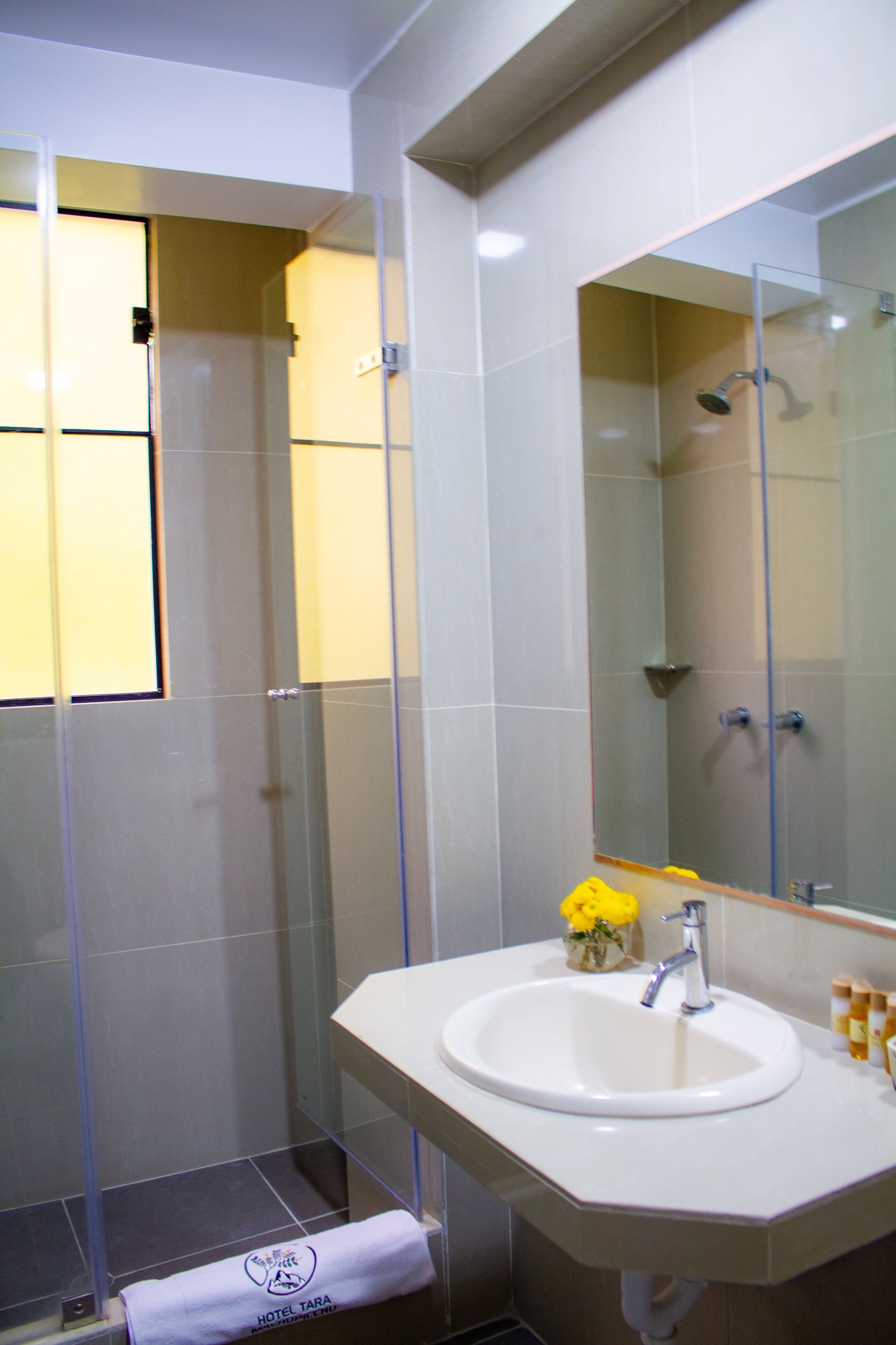 shower, rainfall showerhead, hair dryer, towels