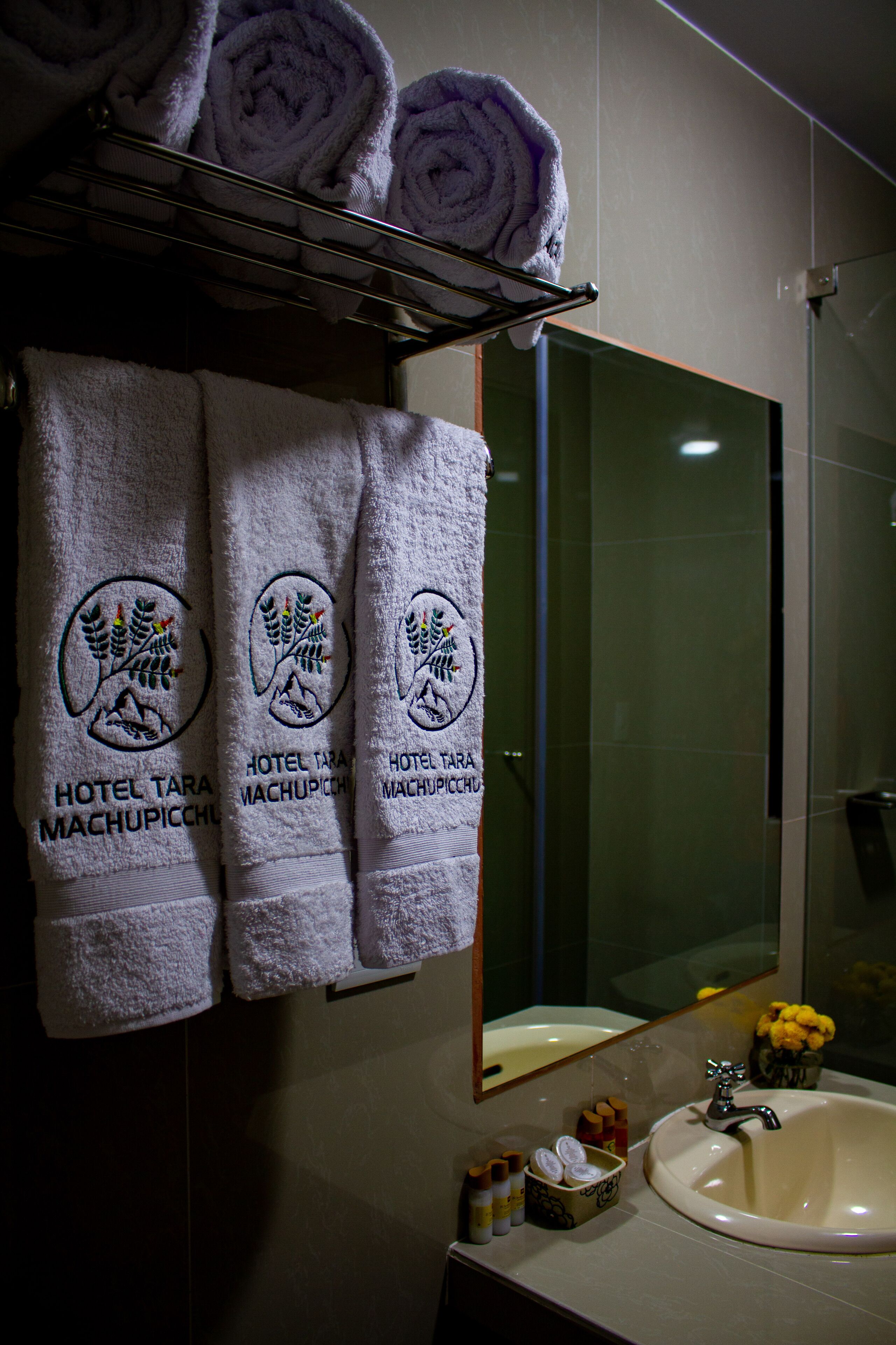 shower, rainfall showerhead, hair dryer, towels