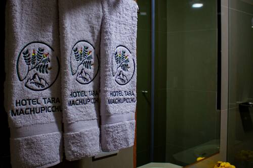 Shower, rainfall showerhead, hair dryer, towels