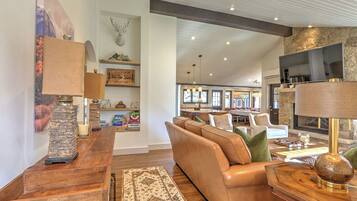 Smart TV, fireplace, books