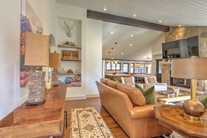 Smart TV, fireplace, books