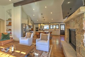 Smart TV, fireplace, books