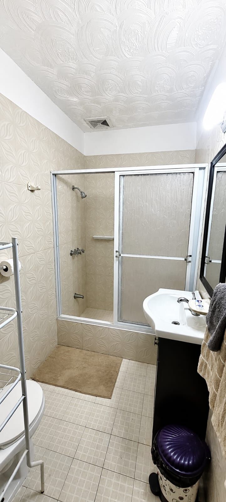 Een badkamer met douche, wastafel, toilet en spiegel.