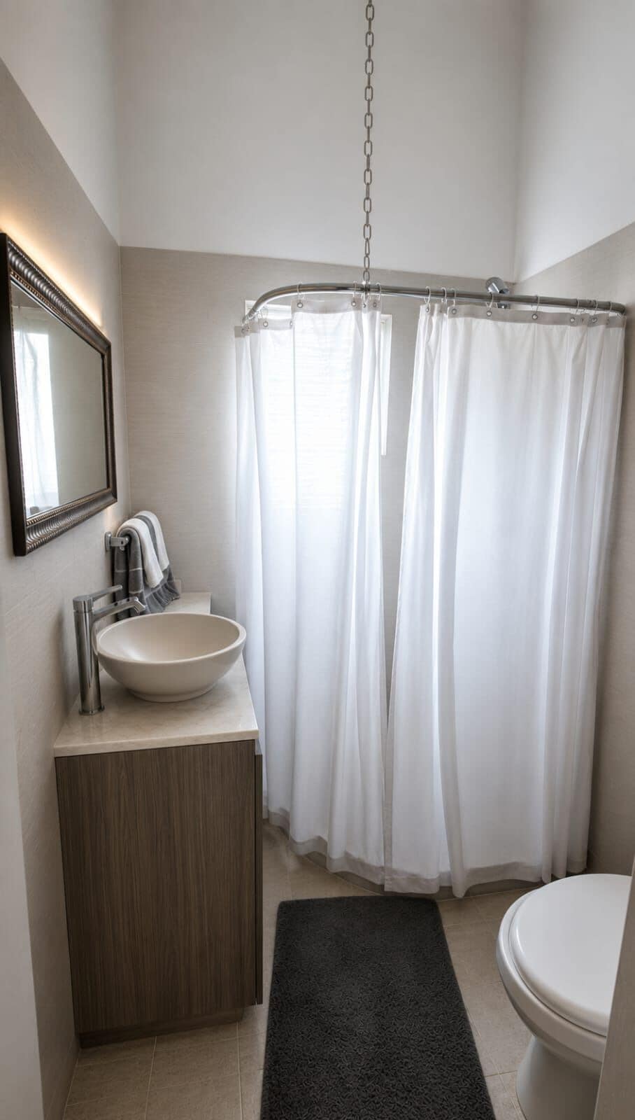 Un baño moderno con un lavamanos blanco, un espejo, una cortina de ducha y un inodoro.