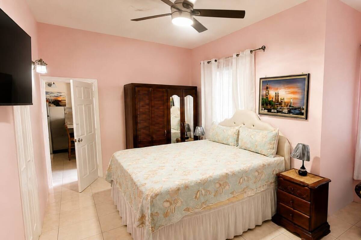 Une chambre à coucher comprenant un lit, une table de chevet, une chaise, une armoire, un téléviseur et un ventilateur de plafond.