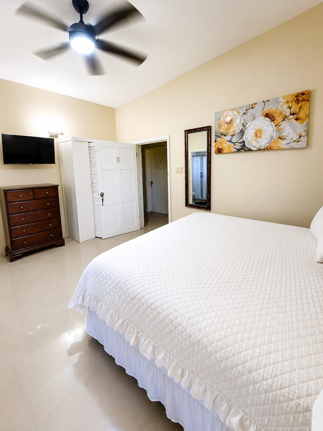 Un dormitorio con cama, cómoda, televisor, ventilador de techo, puerta y un cuadro.