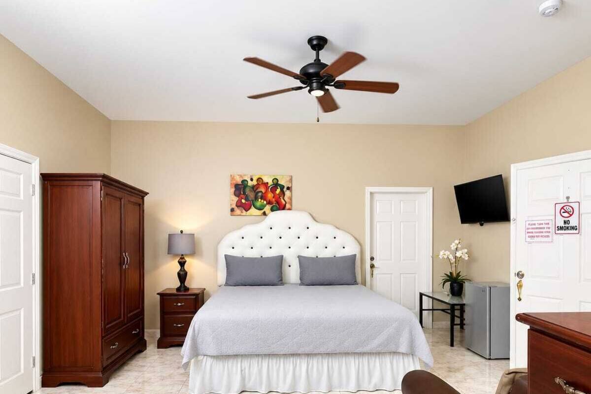Une chambre d’hôtel avec un lit, un canapé, une télévision, un ventilateur de plafond, une armoire et un tableau au mur.