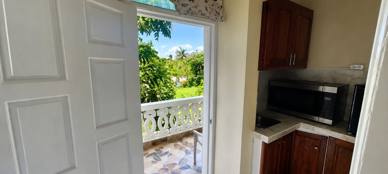 A kitchen with a microwave, wooden cabinets, and a view of a green garden through an open door.