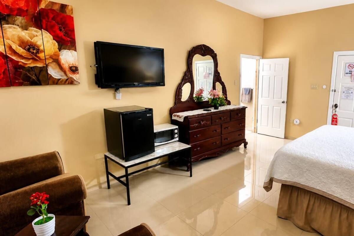 Une chambre d’hôtel avec un lit, une commode, une télévision, un miroir et un tableau au mur.
