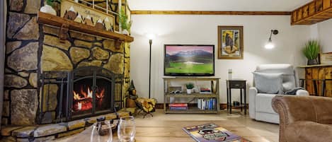 TV connectée, cheminée, livres