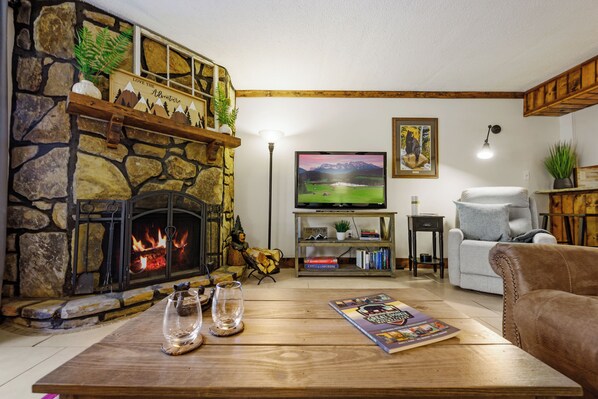 Smart TV, fireplace, books