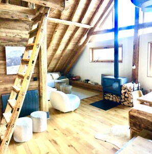 Smart TV, chimenea, libros y estéreo