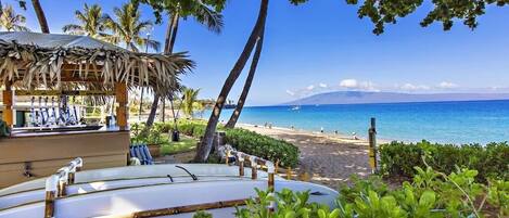 On the beach, sun-loungers, beach towels