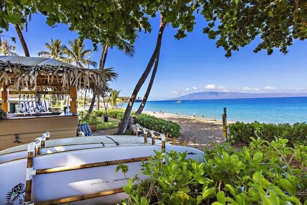 On the beach, sun-loungers, beach towels