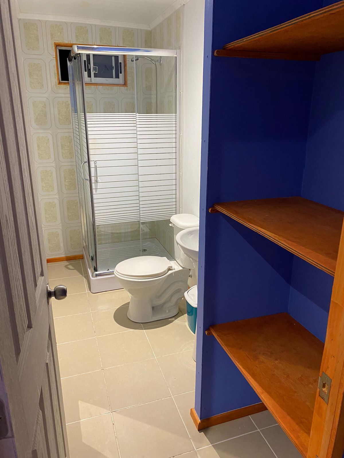 A bathroom with a shower, toilet, and a blue wall.