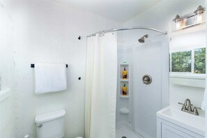 Shower, towels, soap, toilet paper
