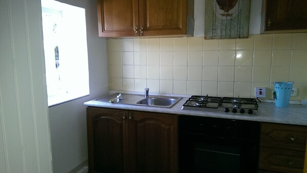 Kitchen features a stainless steel sink, gas stove, and dishwasher, with ample natural light and a convenient countertop workspace.