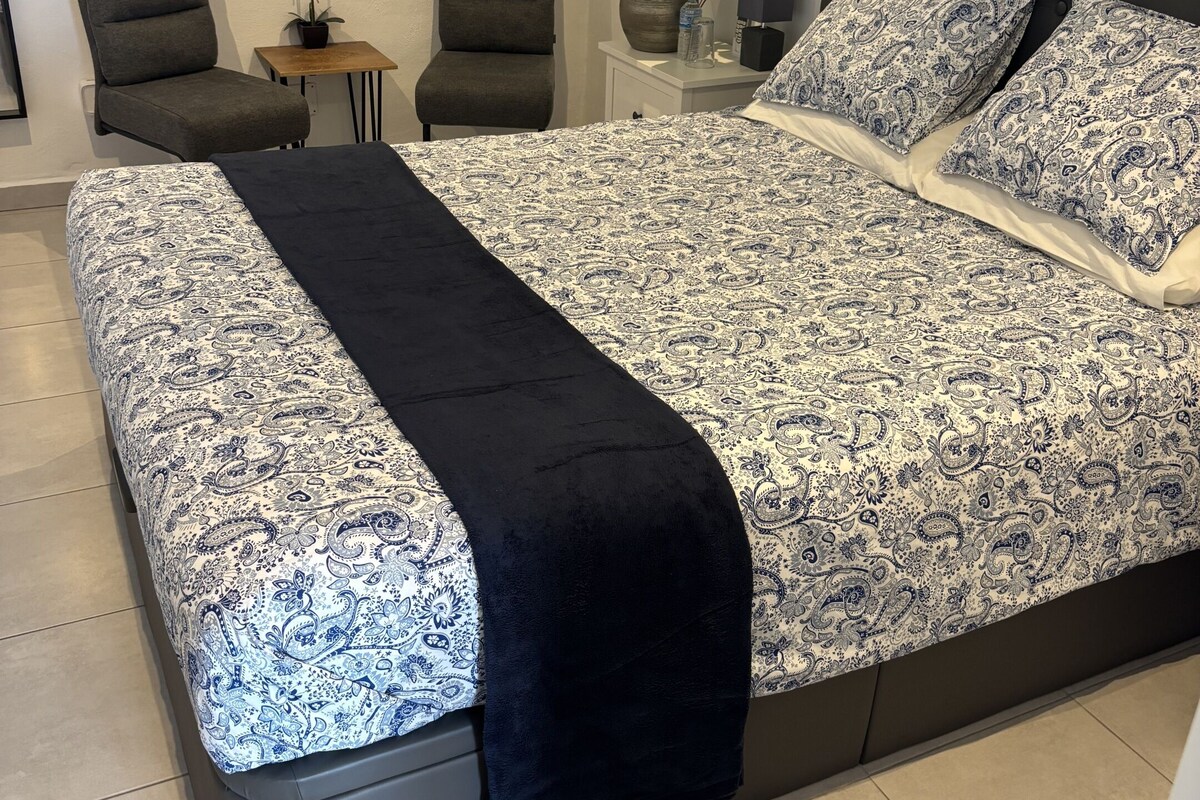 Une chambre à coucher avec un grand lit, deux fauteuils, une petite table sur laquelle est posée une plante en pot et une table de chevet avec une lampe.