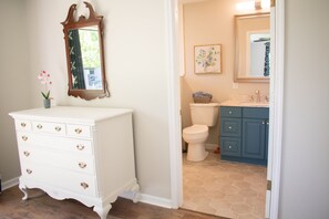 Combined shower/tub, hair dryer, towels, soap