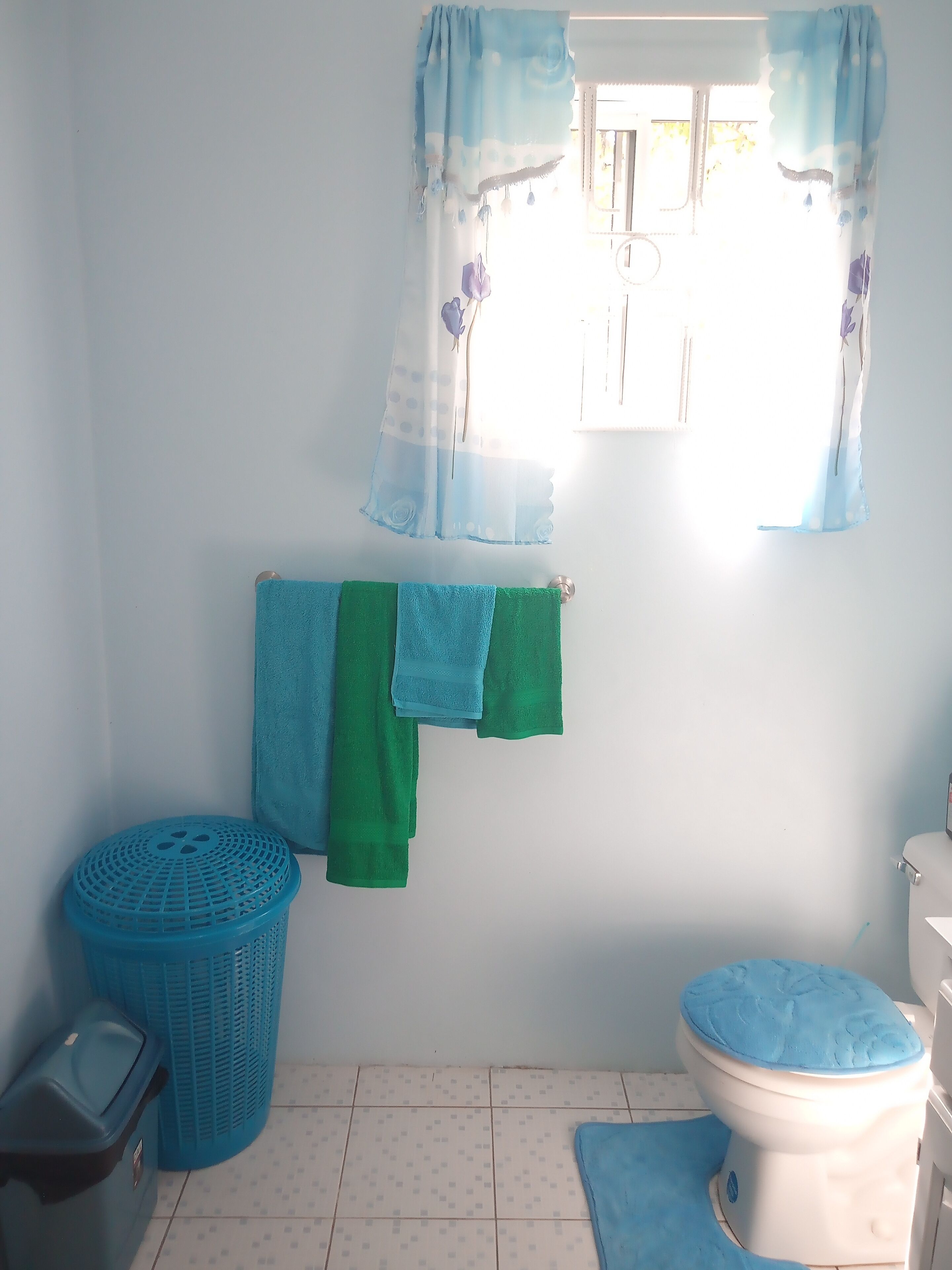 Chuveiro, toalhas de banho, sabonete, shampoo