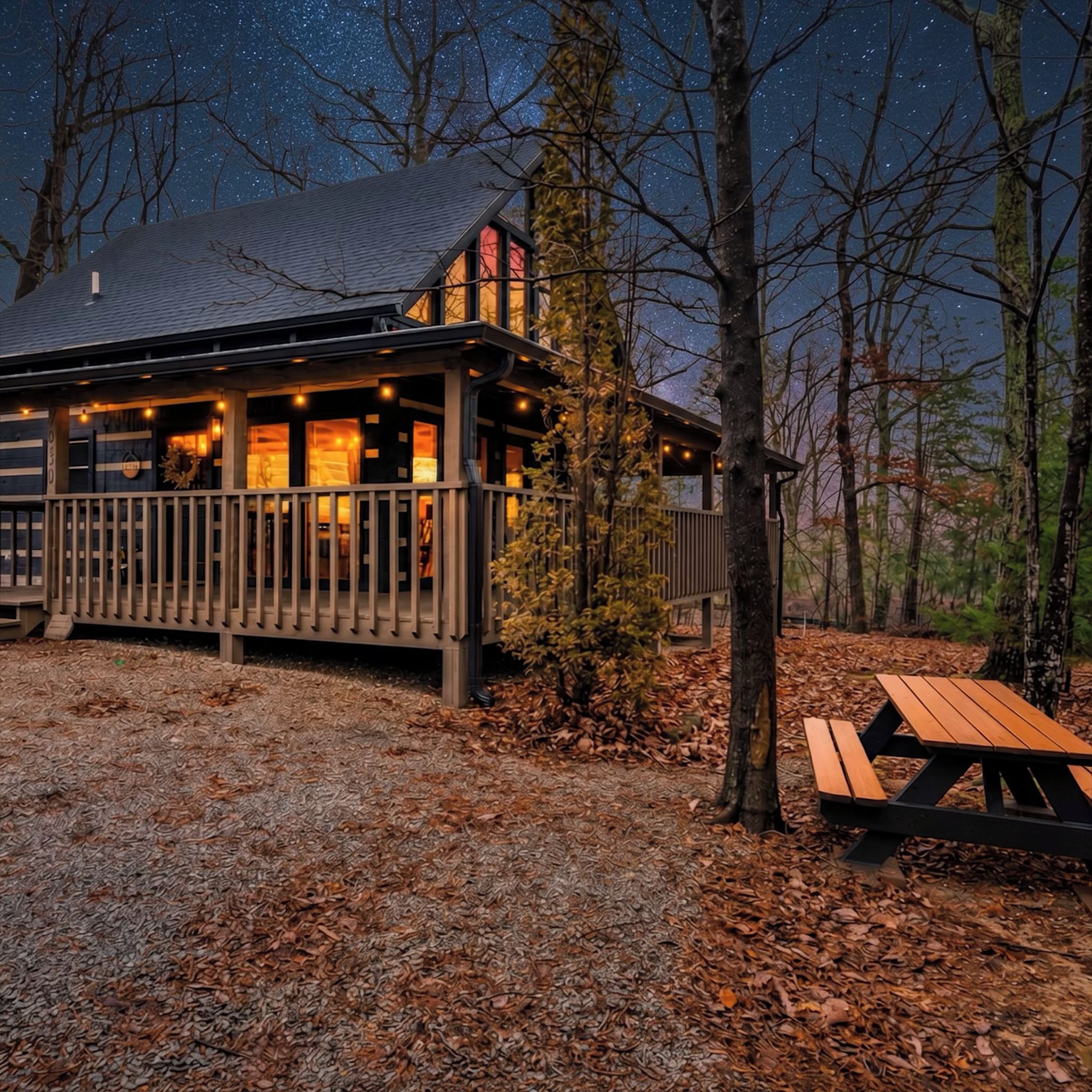 A cabin with a deck and a picnic table, surrounded by trees and a starry sky.