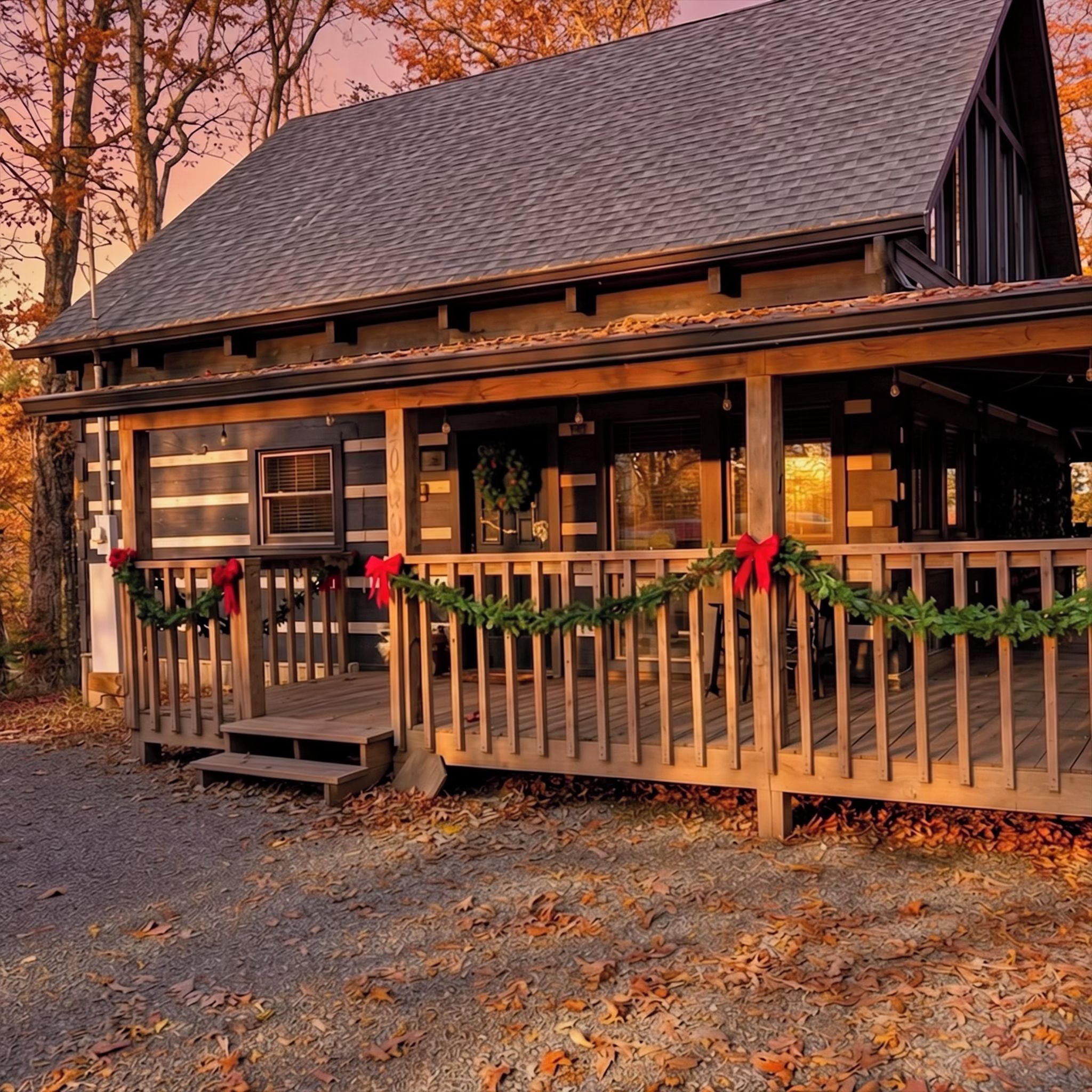 A log cabin with a porch decorated with garlands and red bows, surrounded by autumn leaves.