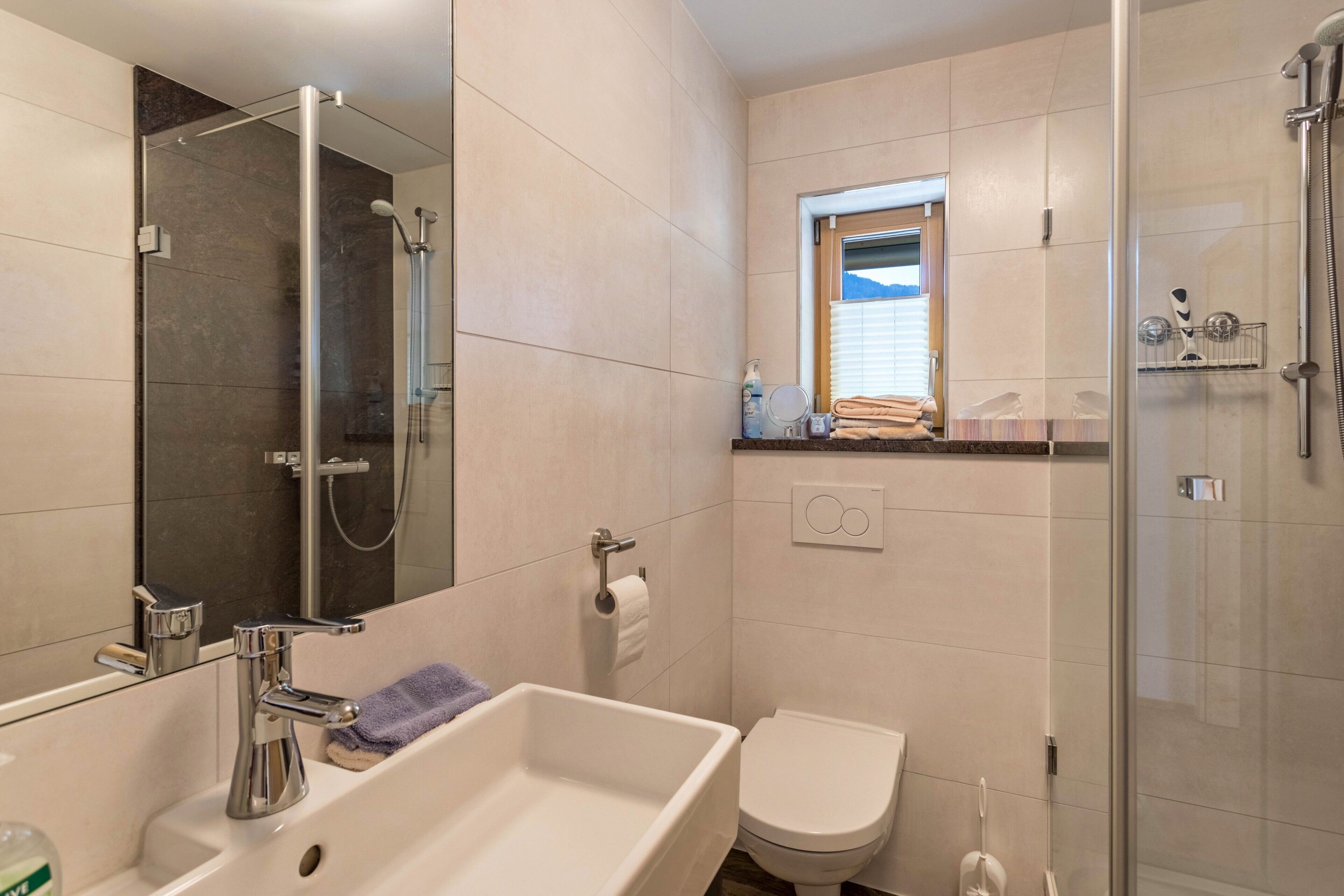 Shower, hair dryer, towels