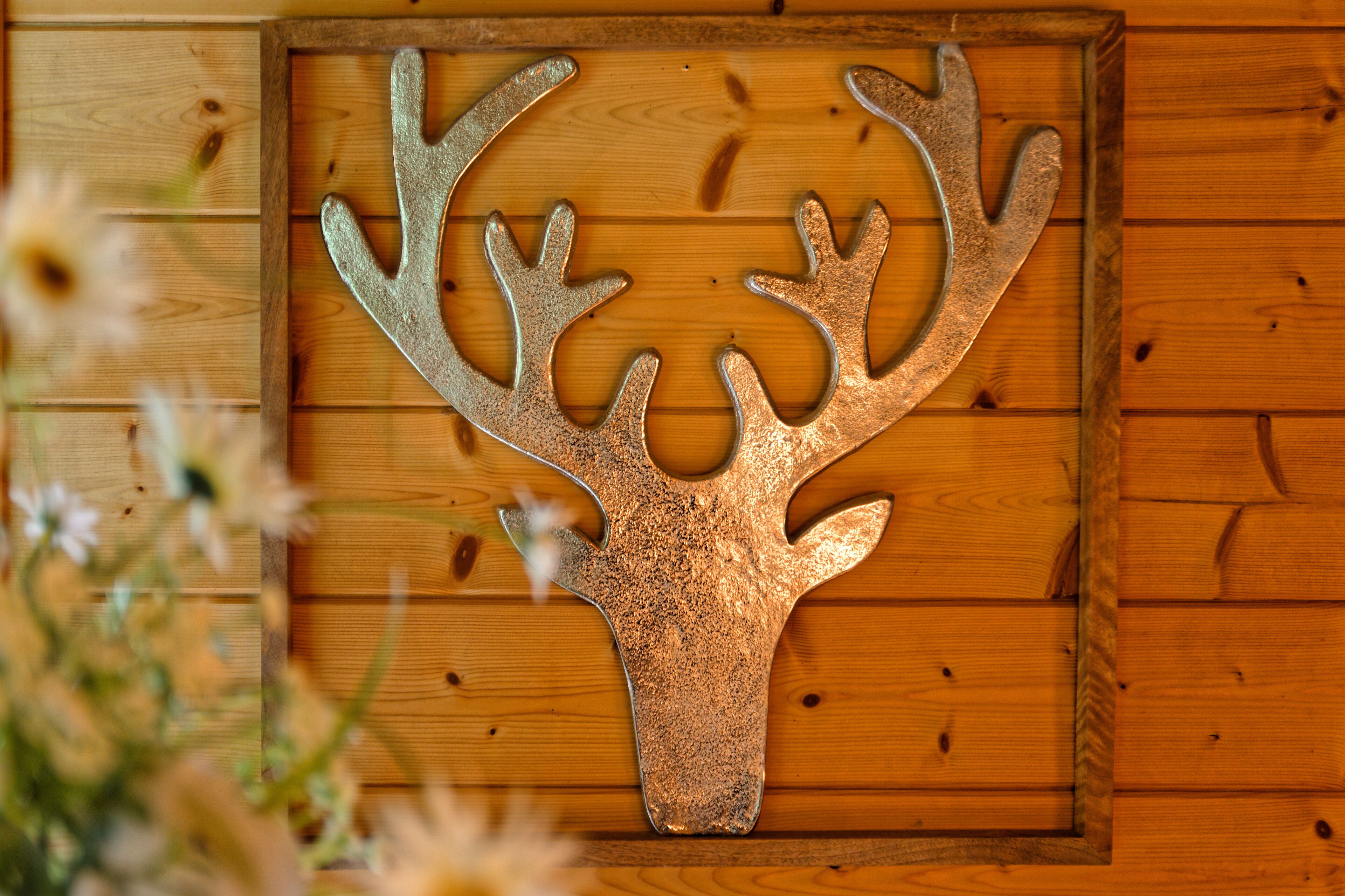 Una decoración de cabeza de venado montada en una pared, sobre un panel de madera.