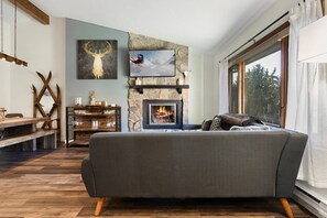 Flat-screen TV, fireplace