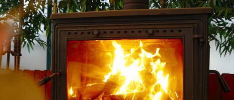 Ein Kaminofen mit sichtbaren Flammen, vor einer Kulisse aus Bambuspflanzen.