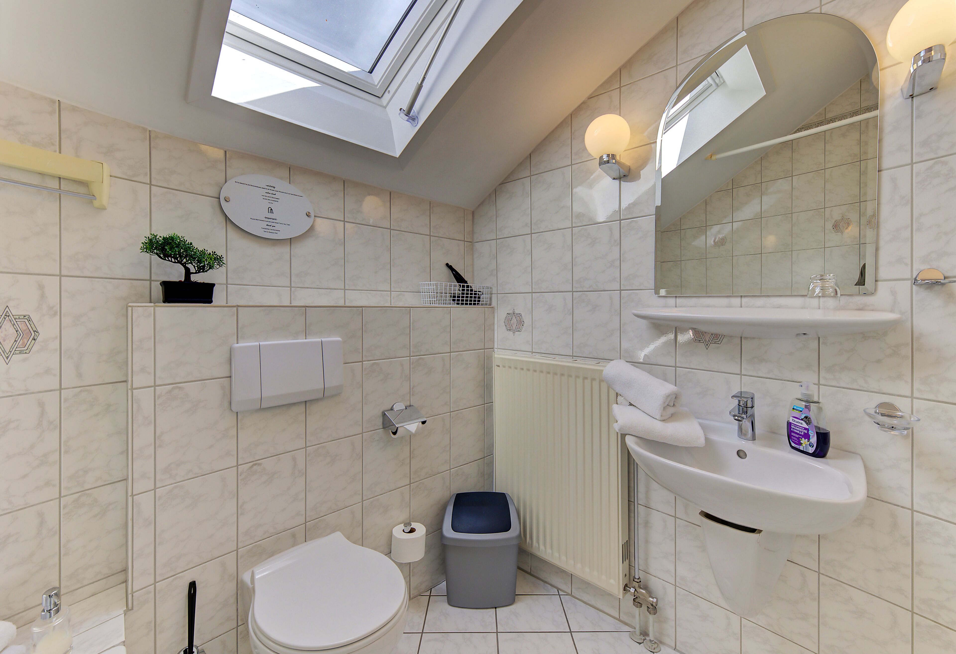 A bathroom with a skylight, a toilet, a sink, a trash bin, and a towel rack.