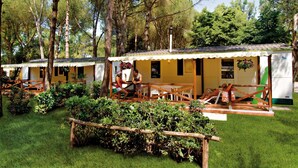 A row of small, yellow cabins with wooden decks, surrounded by lush greenery and trees.