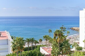 A coastal view with a beach, palm trees, and a clear sky.