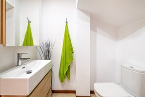 Douche, séchoir à cheveux, serviettes fournies
