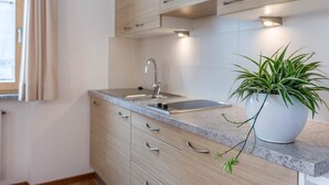 A modern kitchen with wooden cabinets, a granite countertop, a sink, and a potted plant. - Apartment 'Hilber Fermeda' with Mountain View, Private Terrace and Wi-Fi (Villnöss)