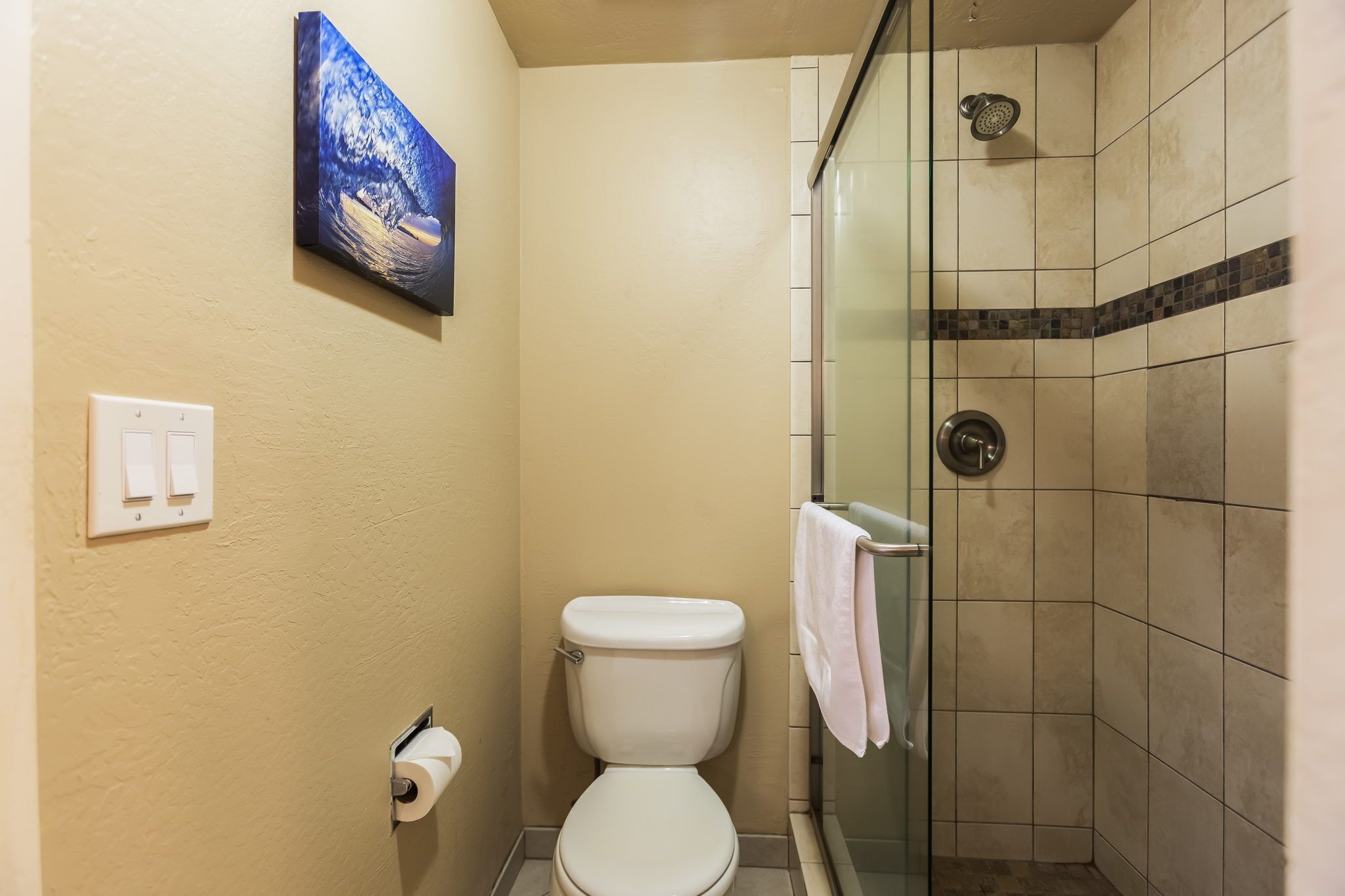 A bathroom with a toilet, a shower, and a painting on the wall.